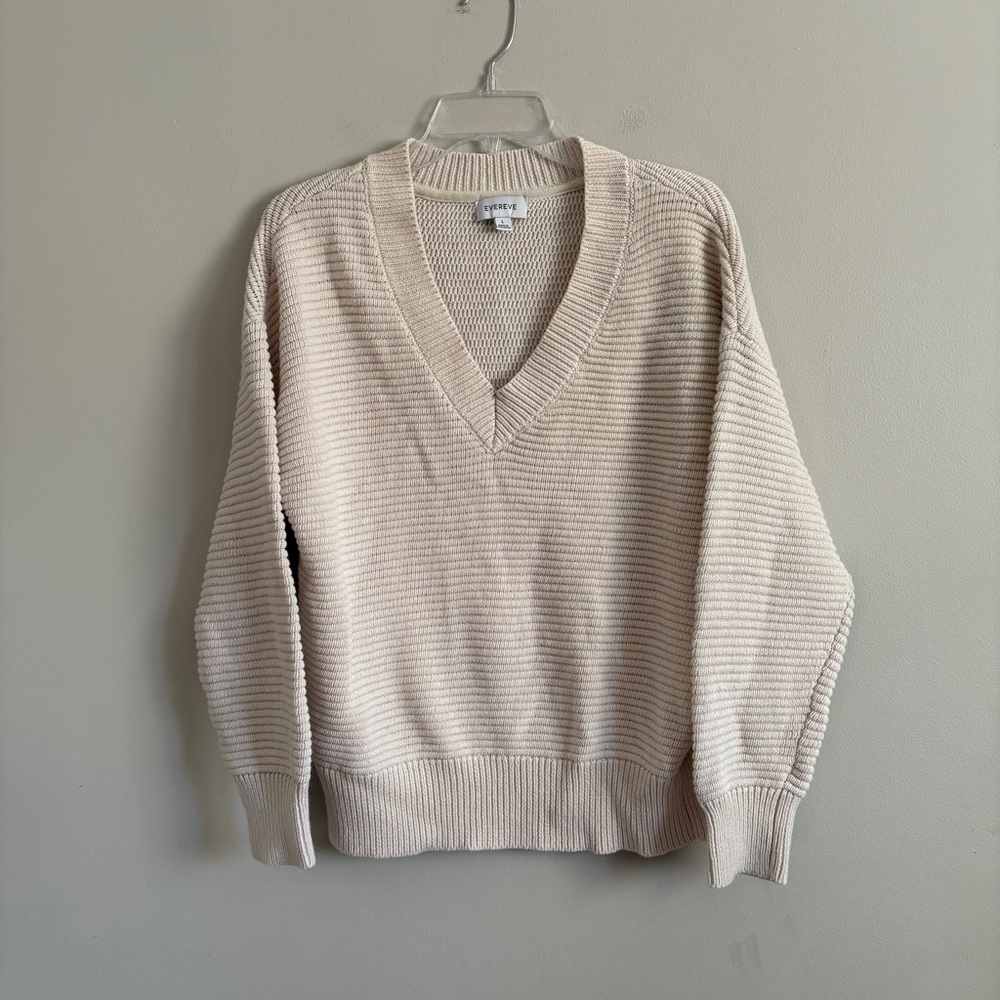 Evereve Women’s Textured Knit Vneck Sweater Large Beige Minimalist Old Money
